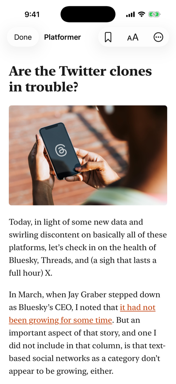 The Stacks reader showing a downloaded article